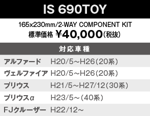 【IS690TOY】165x230mm/2-WAY COMPONENT KIT　標準価格 ¥40,000（税抜）対応車種：アルファード    H20/5～H26（20系）、ヴェルファイア H20/5～H26（20系）、プリウス         H21/5～（30系）、プリウスα      H23/5～（40系）、FJクルーザー  H22/12～